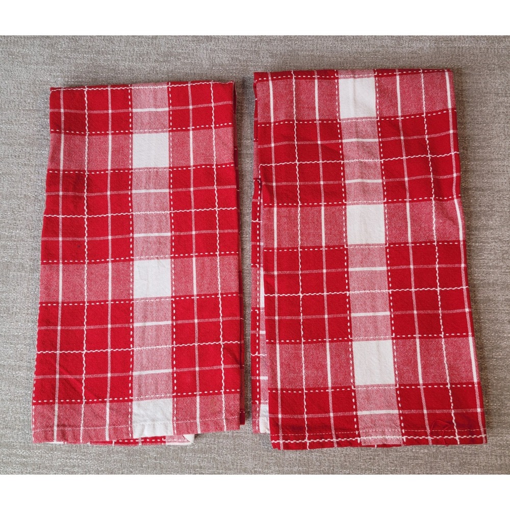 Crate & Barrel Dishtowel Red White Large Plaid‎ Set of 2 Kitchen Linens 665-355